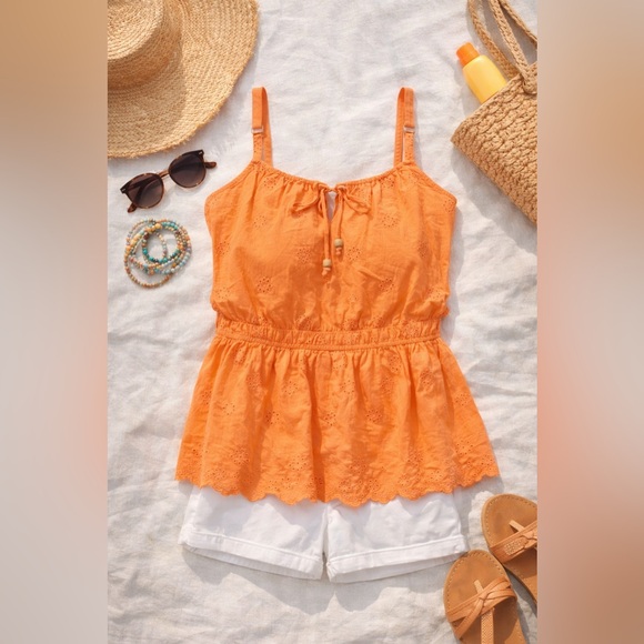 Torrid 3X Peach Eyelet Embroidered Peplum Tank | Adjustable Straps Boho Summer - Picture 2 of 13